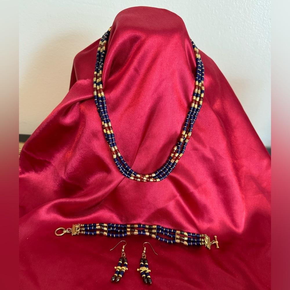 Vintage Blue/Brown Brass Beaded Necklace, Bracelet and Earrings EC